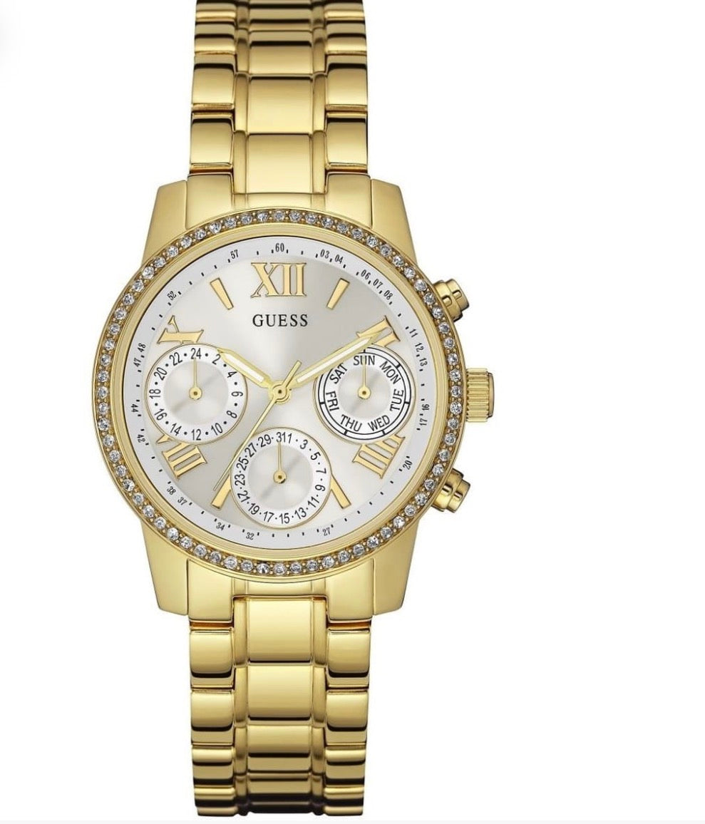 Guess Ladies Silver-Tone Square Watch with Crystal Bezel – Multi-Function Dial