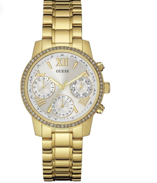Guess Ladies Silver-Tone Square Watch with Crystal Bezel – Multi-Function Dial